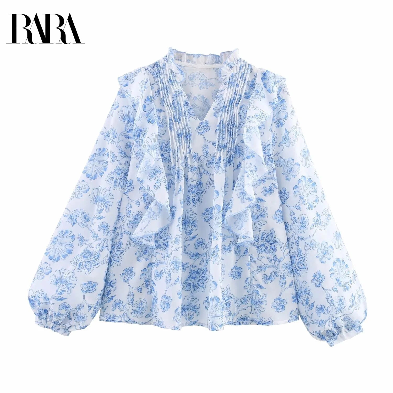 

RARA2025 Summer Women's New Casual Fashion Simple Ruffles and Layered Decorative Prints Long-sleeved V-neck Shirt