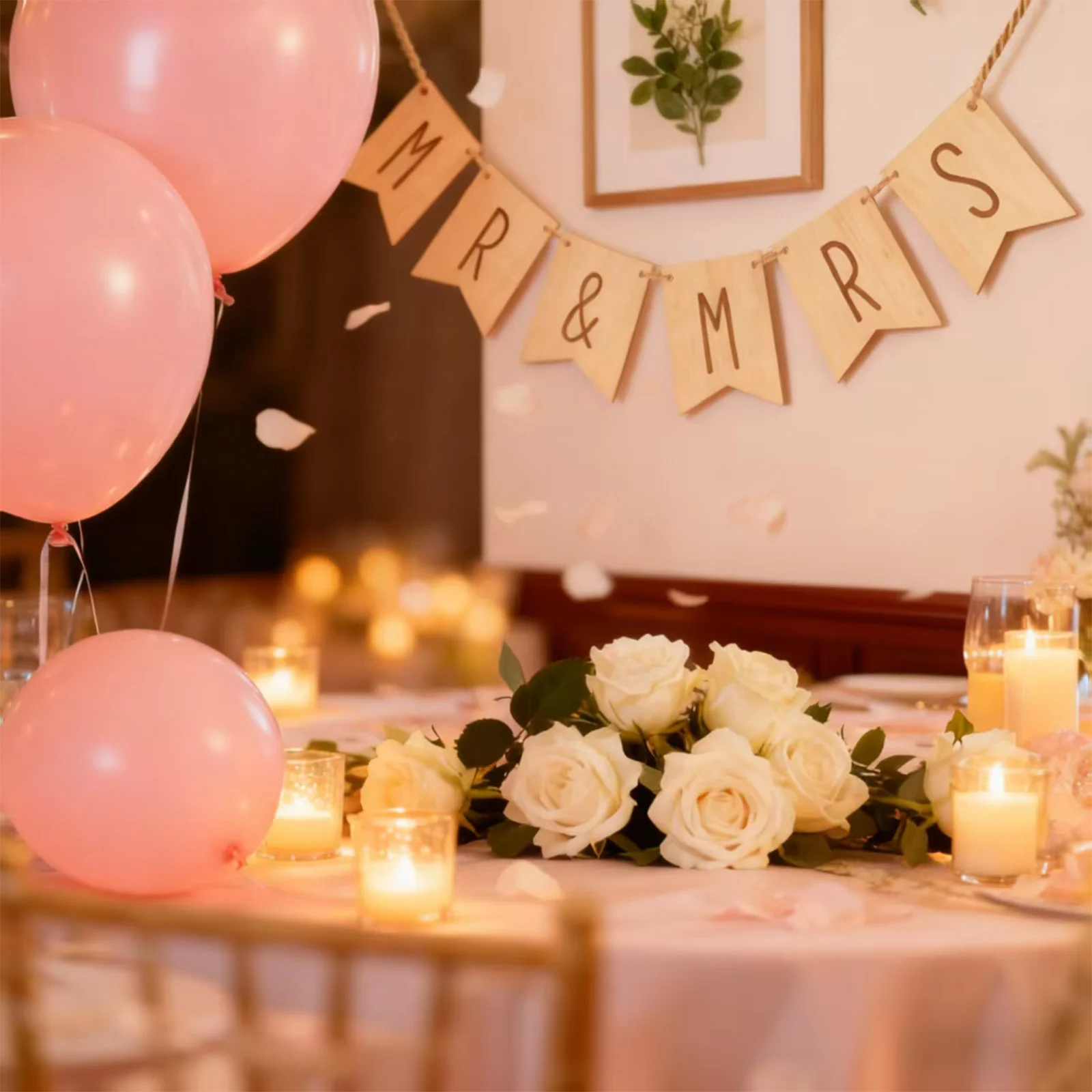 

Mr and Mrs Wooden Banner - Wedding Decorations 13.5x10.4cm, Engraved Hanging Sign for Bridal Shower, Engagement Party Photo Prop