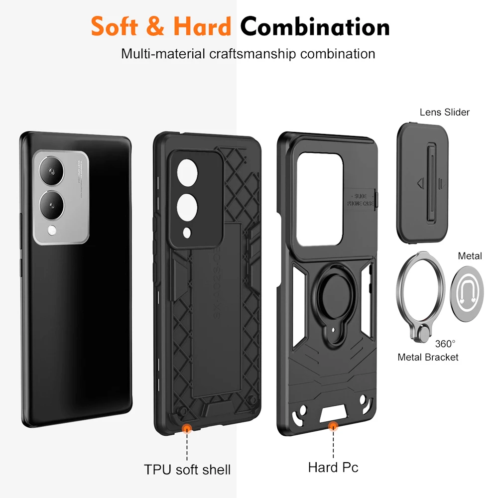 KEYSION Shockproof Armor Case for VIVO Y17S Slide Camera Lens Protection Ring Stand Phone Cover for VIVO Y17 Y16 Y15 Y12 Y11 image 6