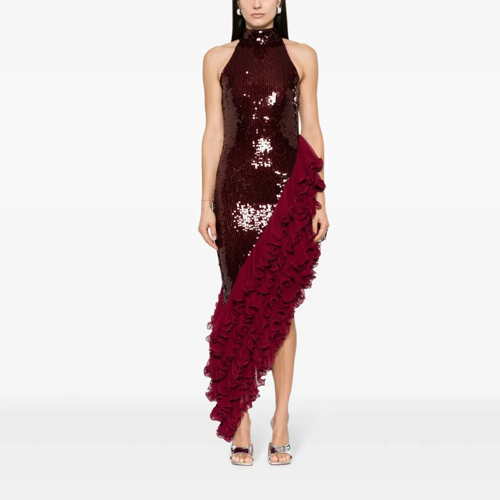 

Unique Dark Red Sequined Asymmetric Women Dresses With Tulle Hybrid Ruffled Trim Formal Halter Maxi Gowns To Holiday Party