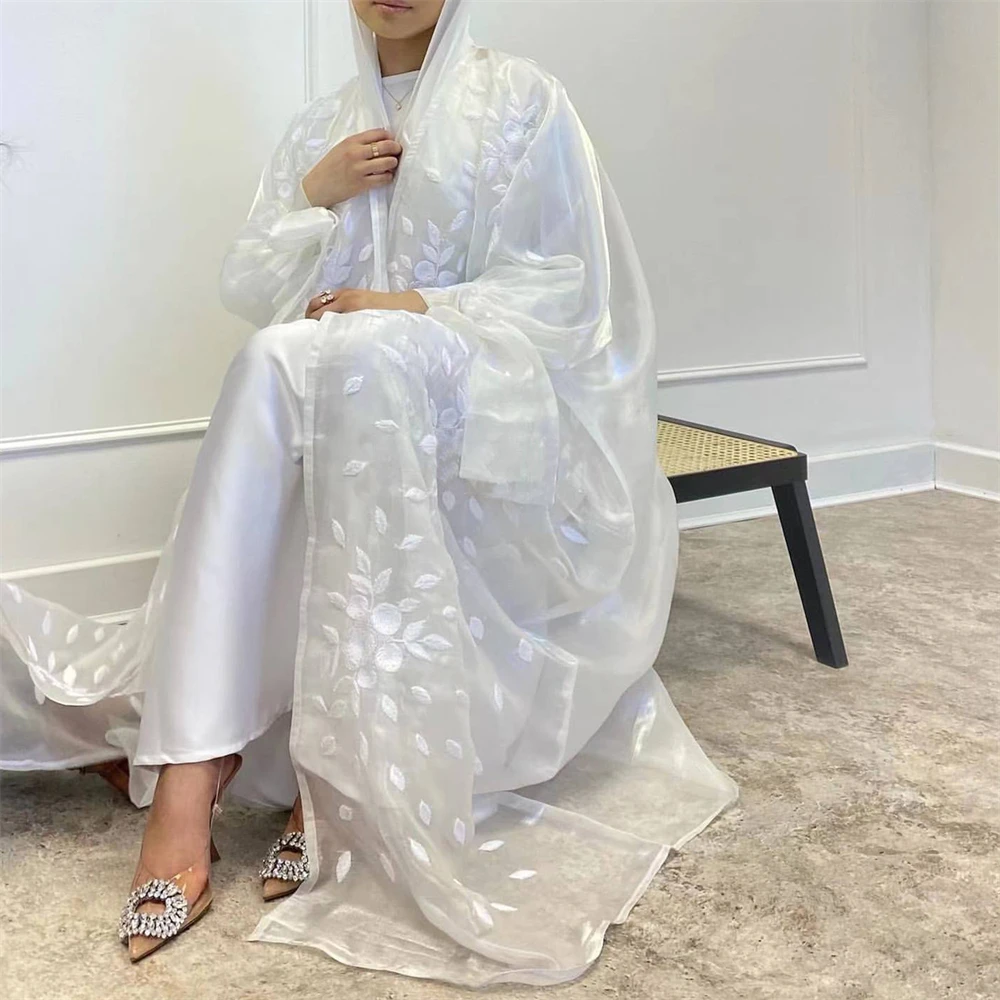 

Eid White Lace Embroidery Muslim Women Kimono Open Abaya Dress Kimono Dubai Kaftan Ramadan Islam Robe Turkey Jalabiya Kebaya