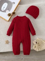 【Baby Boy】Autumn & Winter Red Onesie with Front Single-Breasted Buttons and Cute Bear Badge on Chest + Red Hat Set Featuring a W 2