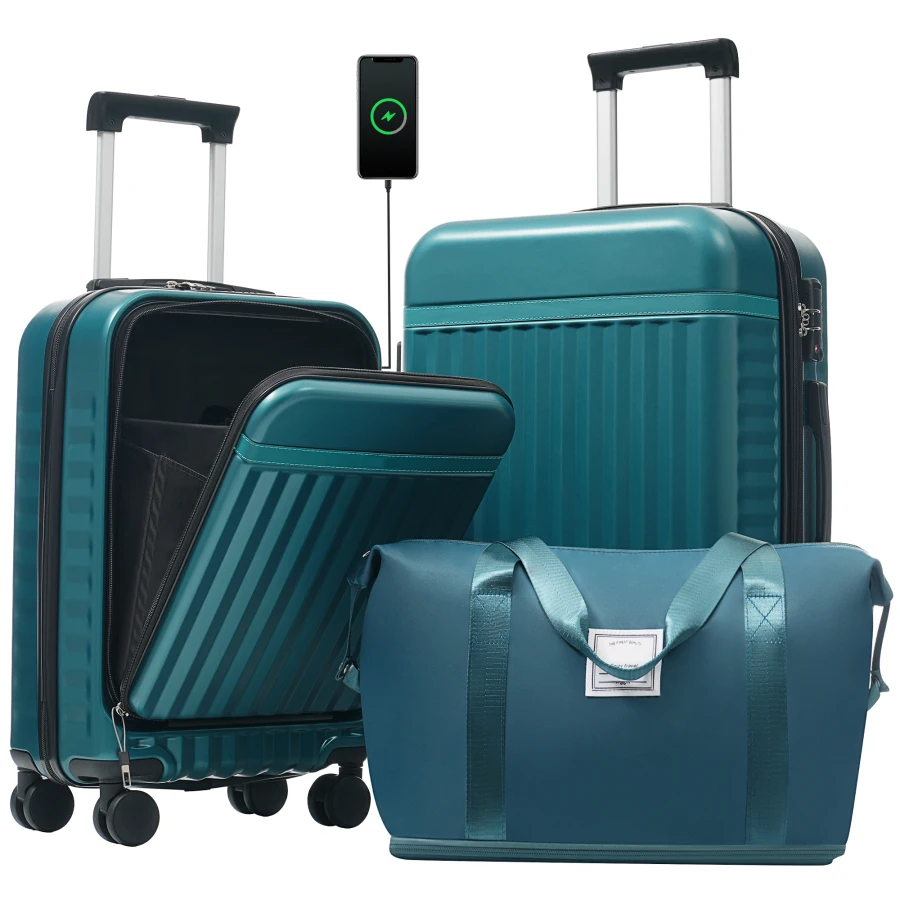 

Front Opening Luggage Set 3 Piece, Hardside Carry-on Suitcase with USB Port, Expandable ABS/PC Luggage in Black with TSA Lock a