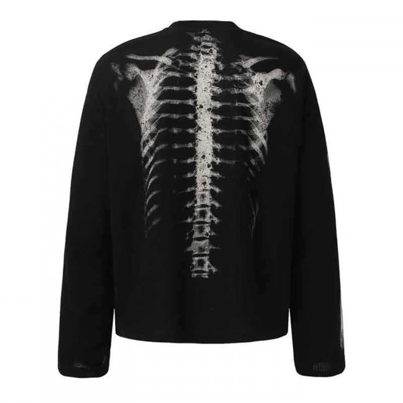 ARENS Skeleton Graphic T-shirts Men Streetwear Harajuku Hip Hop Oversized T Shirts Long Sleeve Tee Tops Black Beige