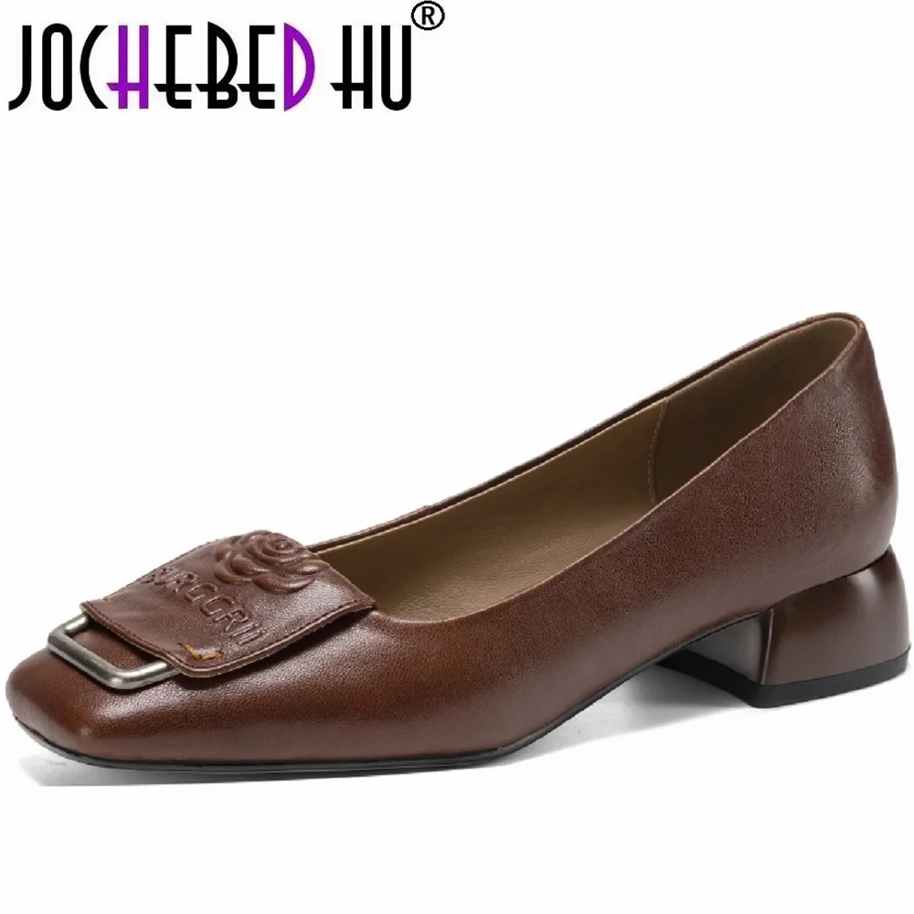 

【JOCHEBED HU】Женские туфли ручной работы из натуральной кожи, мягкие и удобные, с квадратным носком, на среднем толстом каблуке, для офиса и торжественных случаев