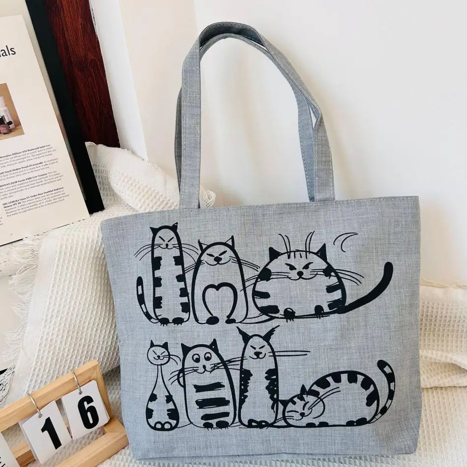 Cartoon Katzen Gedruckt Strand Zipper Tasche Neue Trendy Mode Breiten Schulter Gurt Retro Frauen Mode Leinwand Tote Shopping Handtaschen