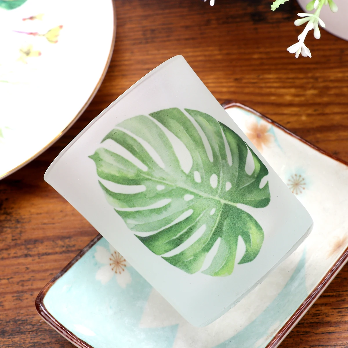 

6 pcs Glass Holder Monstera Pattern Creative Candlestick Desktop Decoration Tea Light Holder Tabletop Ornament Gift For