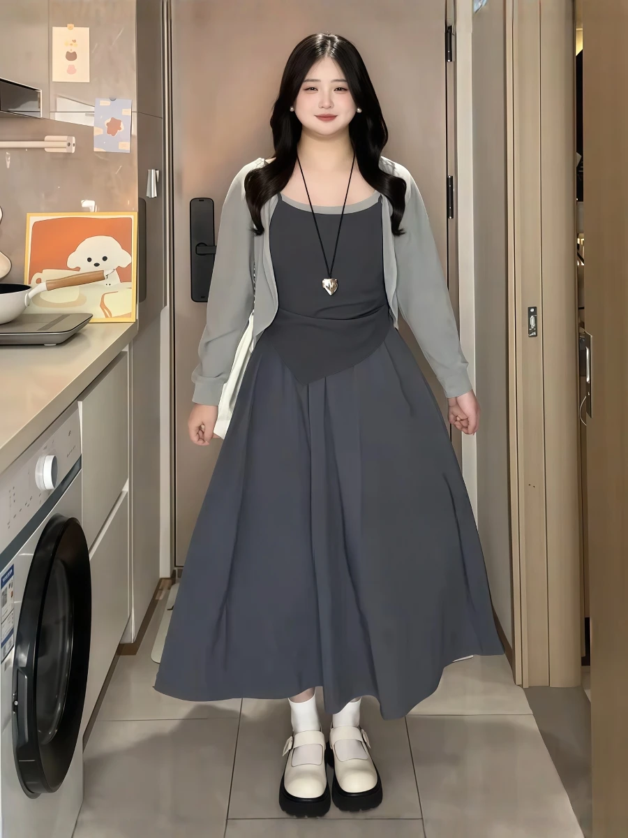 

plus Size Vintage Spliced Maxi Dr with Cardigan Outerwear Set Women's Faion Autumn New Arrival Lightweight Long Sve