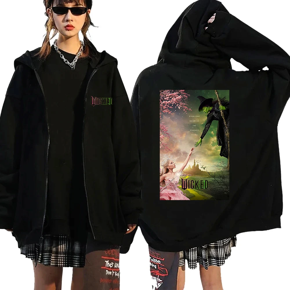 Wicked Movie Zipper Hoodie Women Men Long Sleeve Streetwear New Musical Sweatshirt Tops