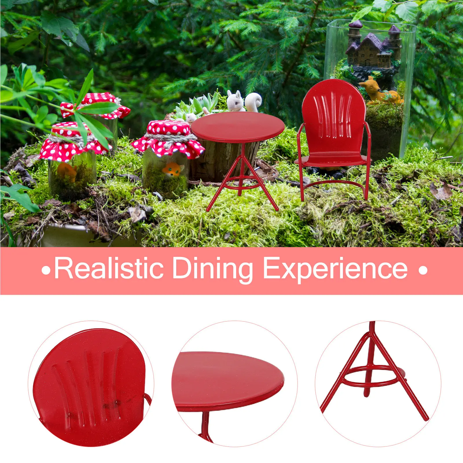 3Pcs Miniature Dining Set Table Chairs Realistic Tiny House Furniture Fairy Garden Micro Scene Rustic Room Decoration