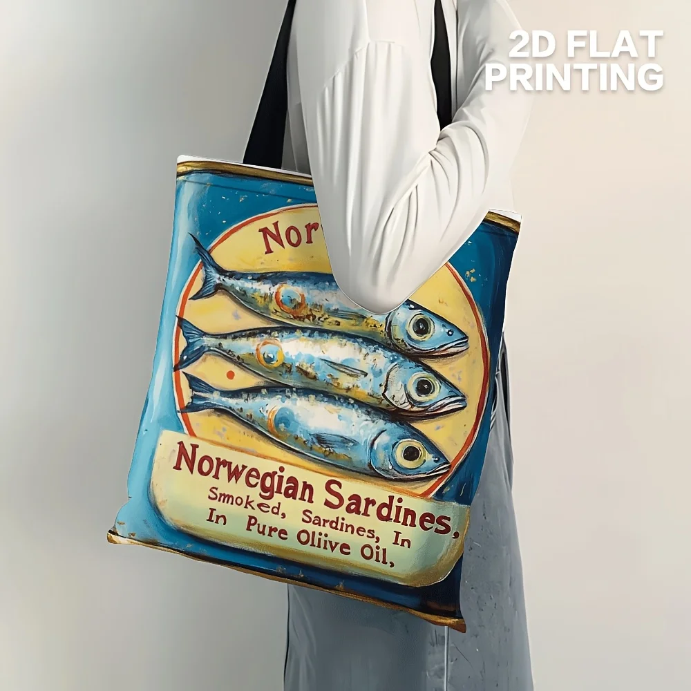 1pc Vintage Norwegian Sardines & Olive Oil Printed Polyester Tote Bag - Durable Large Capacity Reusable Shopping Bag