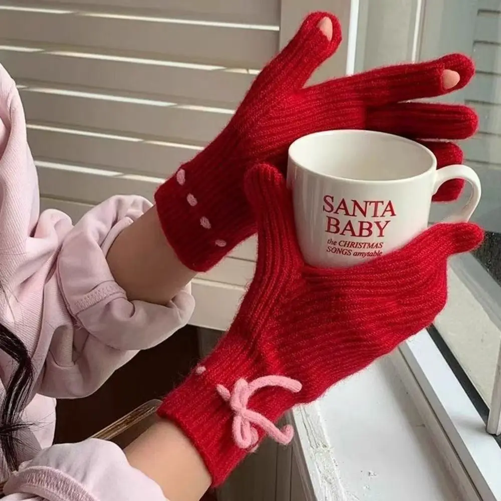 Warm Knitted Texture Wool bow knit gloves Solid Color Windproof Full Finger Mittens Thermal Riding Gloves Winter Season