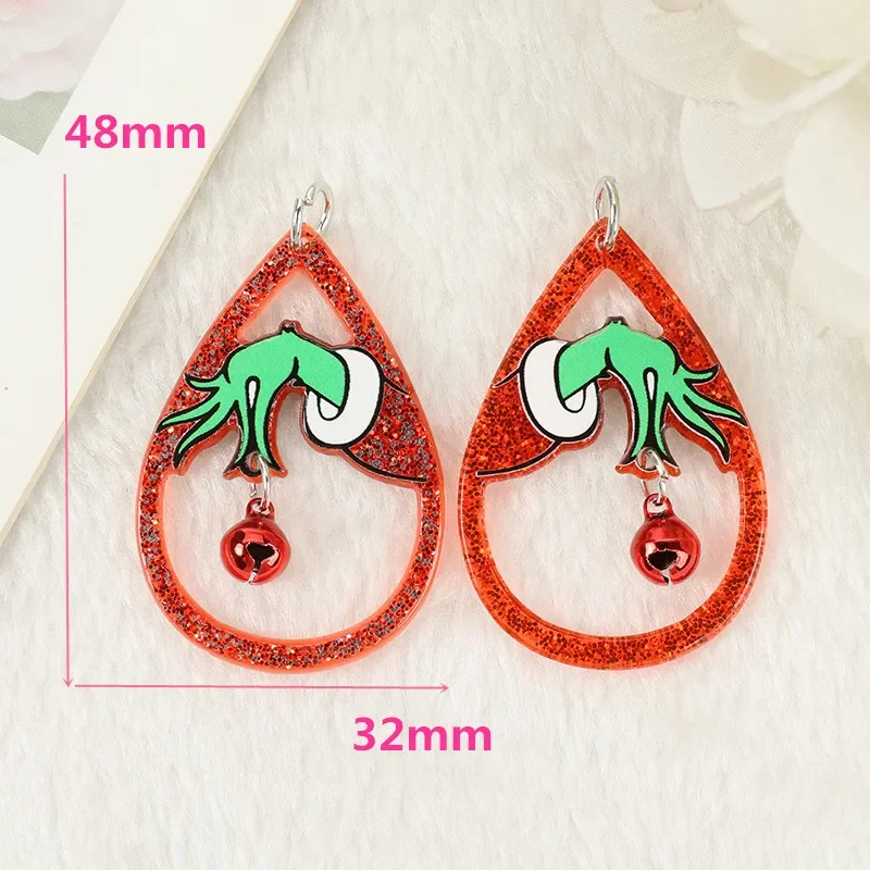 Jingling Bell Acrylic Charms Water Drop Epoxy Green Frog Hand Pendant For Necklace Earring DIY Making Christmas Accessories 6PCS