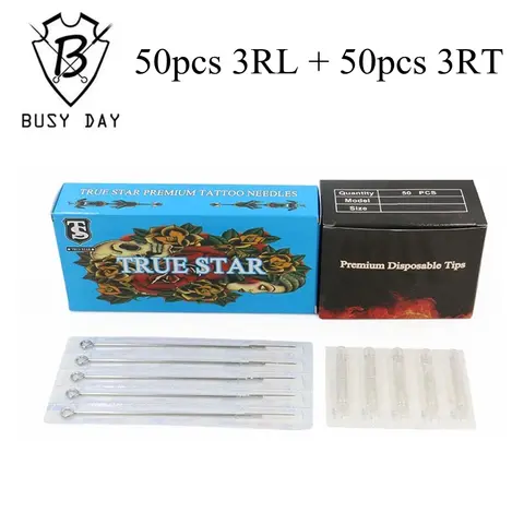 True star (3rl + 3rt) 50 peças de agulhas de tatuagem e 50 peças ponta superior transparente pontas de tatuagem para máquina de tatuagem kit de agulhas de tatuagem