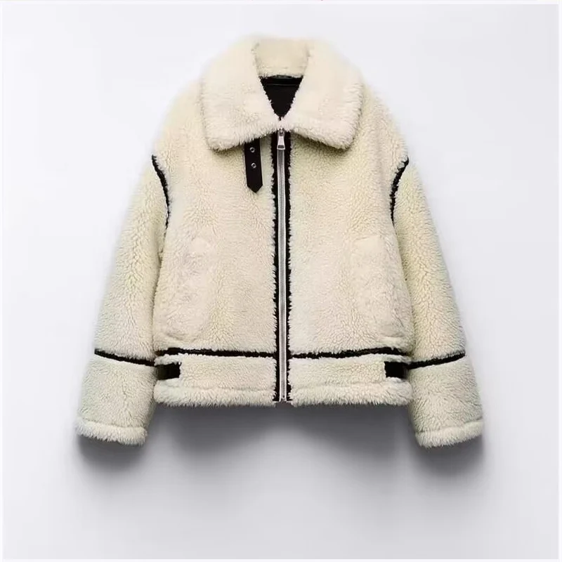

Ladies' Fce Lined Lamb Fur Jaet Loose Fit Warm Outerwear Thiened Zipper Closure Long Sve Coat for Autumn Winter