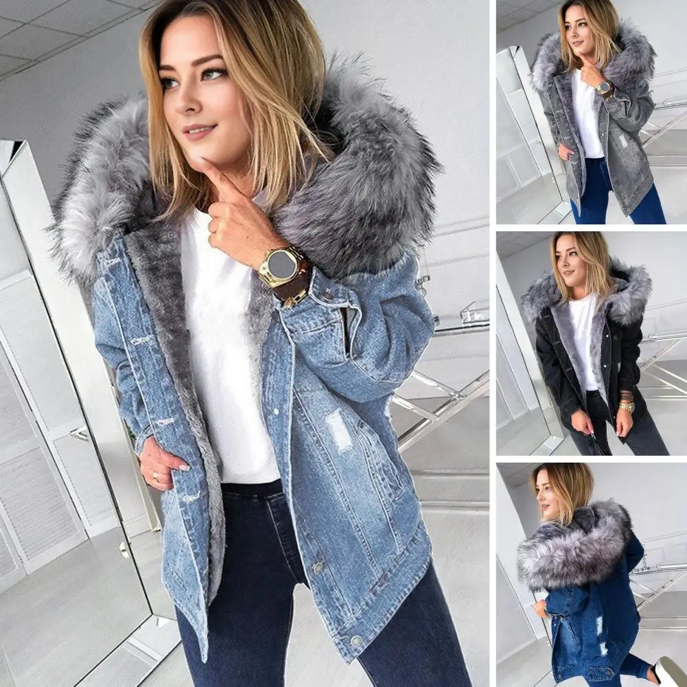 Winter Women Denim Coat Thickened Plush Long Sleeves Pockets Hooded Jacket Short Type Button Closure Flap Pockets Lady Coat