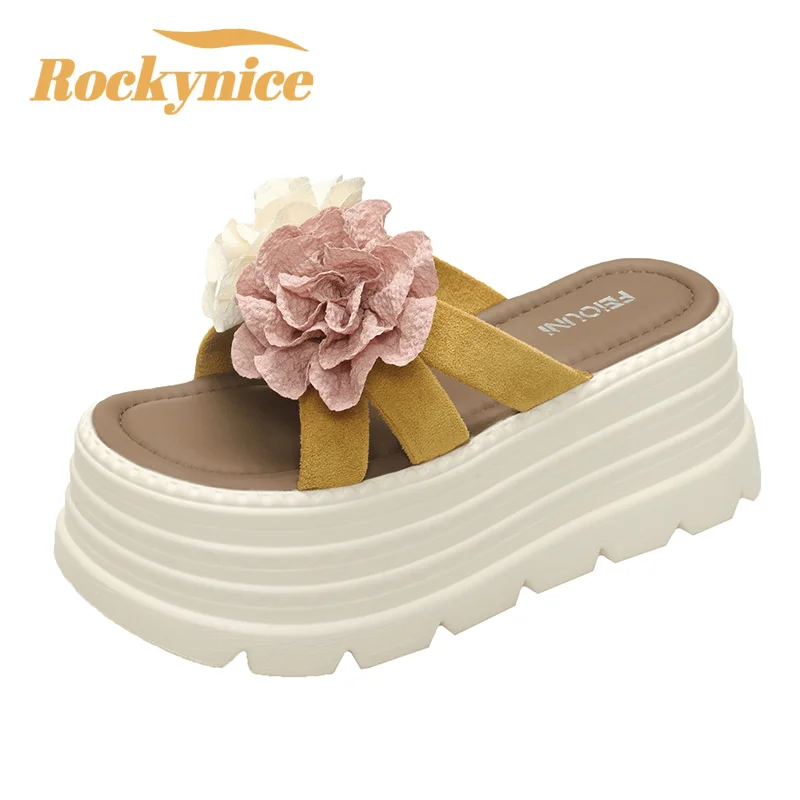 7.5CM High Platform Slippers Women 2025 Summer New Thick-soled Ladies High Heels Flower Beach Sandals Ethnic style Flip Flops