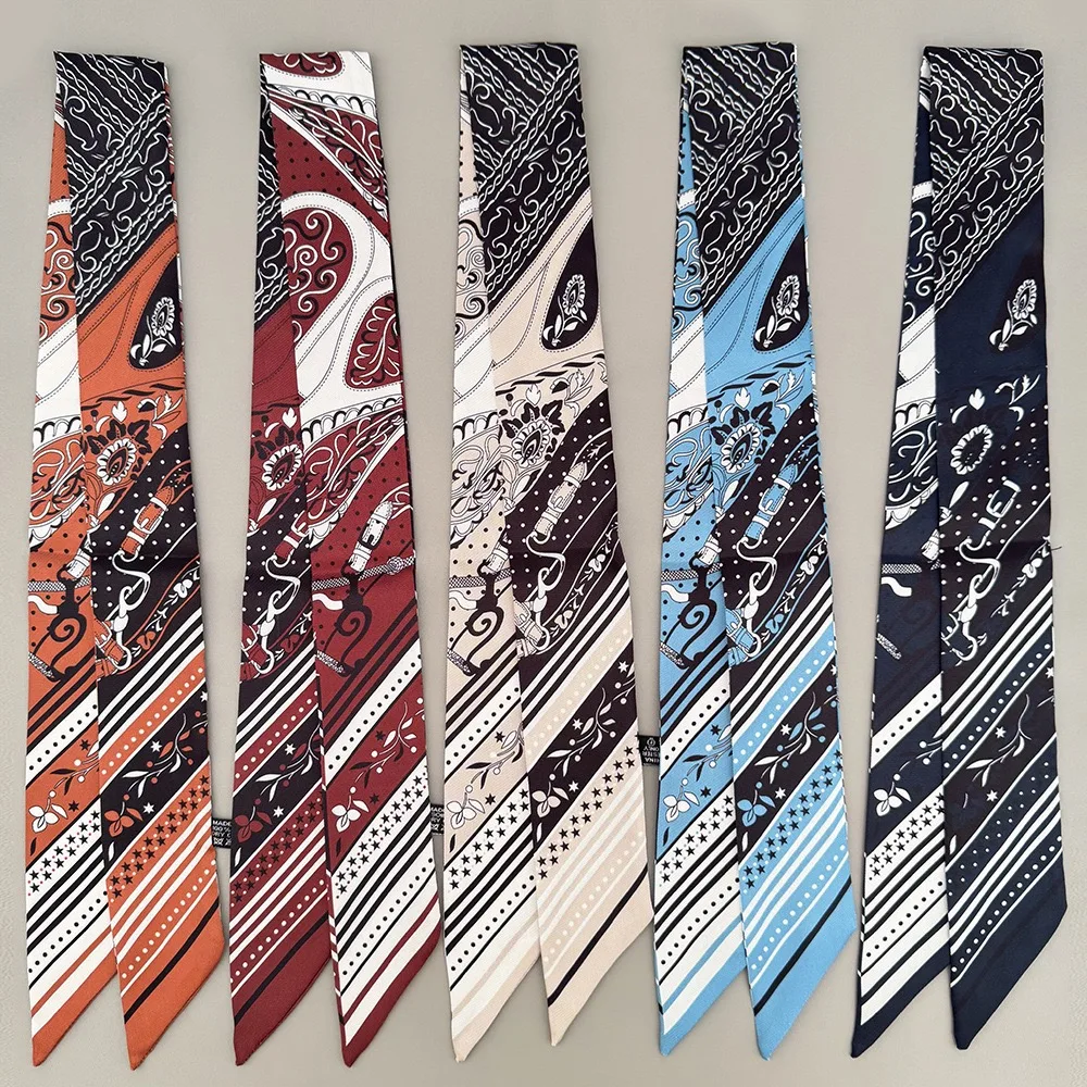 5*90cm Vintage Celebration Twill-Seidenschal für Damen, schmaler Streifenschal, Nackenschutz, kleiner Schal, vielseitiger diagonaler langer Schal