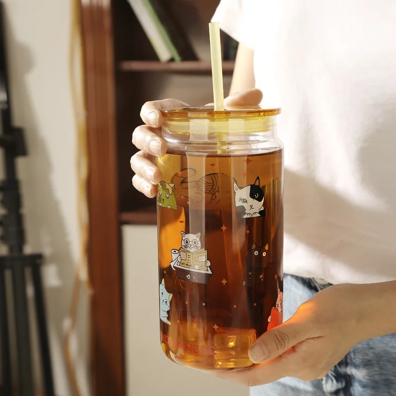 1400ml Glass Cup Cartoon Cat High Beauty Mug with Lid Summer Cute Cold Drink Glass Straw Cups Heatable Coffee Mugs Gift Bottle