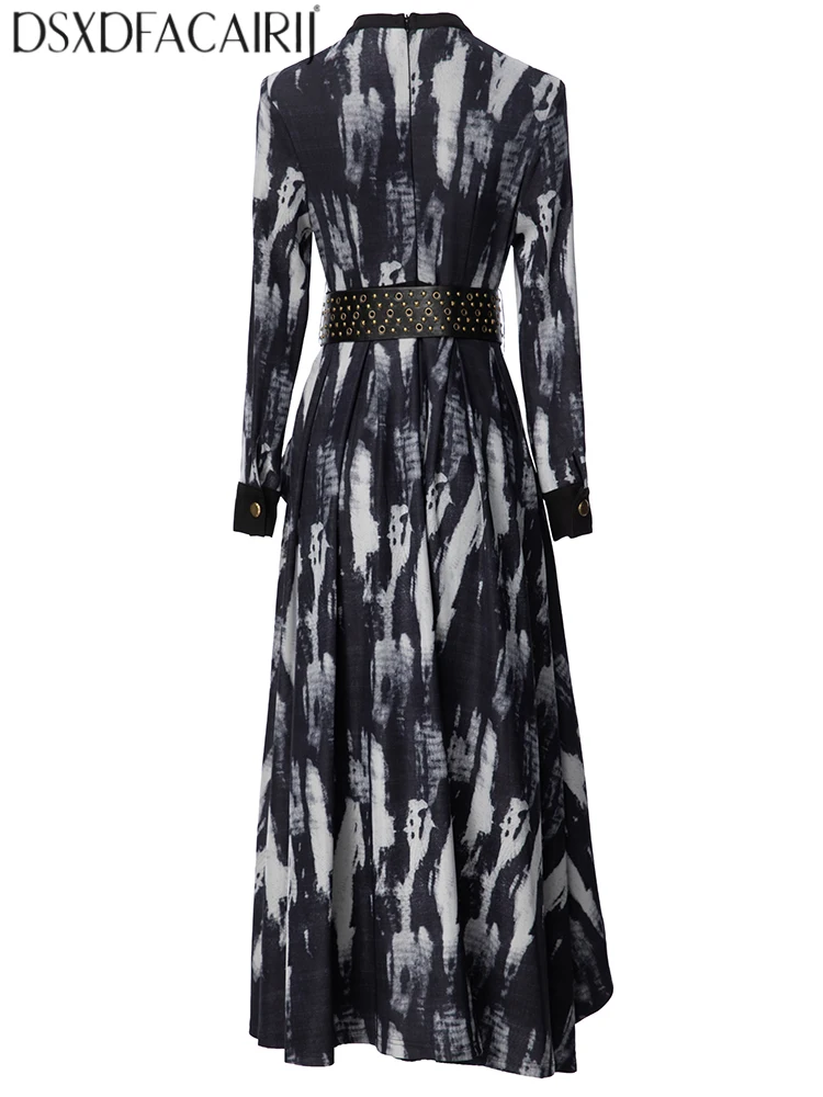 DSXDFACAIRIJ Women's Stand Collar Long Sleeves Sashes Ruffles High Street Abstract Print Long Dresses Fashion Autumn Females