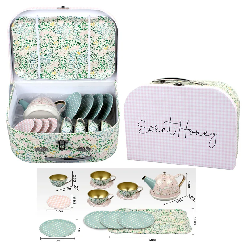 Pretend Play Afternoon Tea Set Metal Tin Tea Party Toys Children Play House Gift for Girls