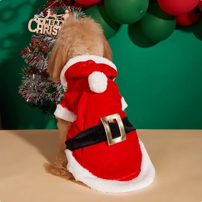 Santa Red Solid Winter Dress Christmas Dog Costume New Year Coat Poodle Pom Teddy Small Breeds In-Stock Holiday Pet Outfit