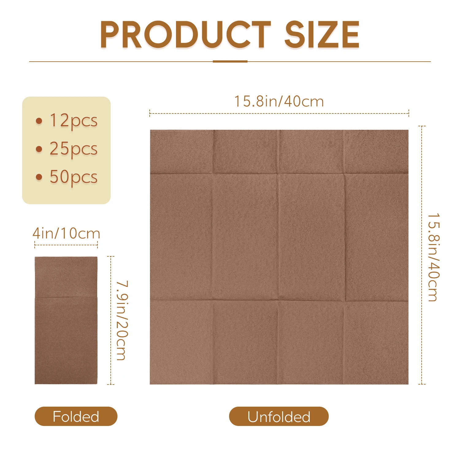 JINYUDOME Brown Linen-Feel Prefolded Napkins 15.75x15.75 Inch with Built-In Flatware Pocket Disposable for Wedding Party