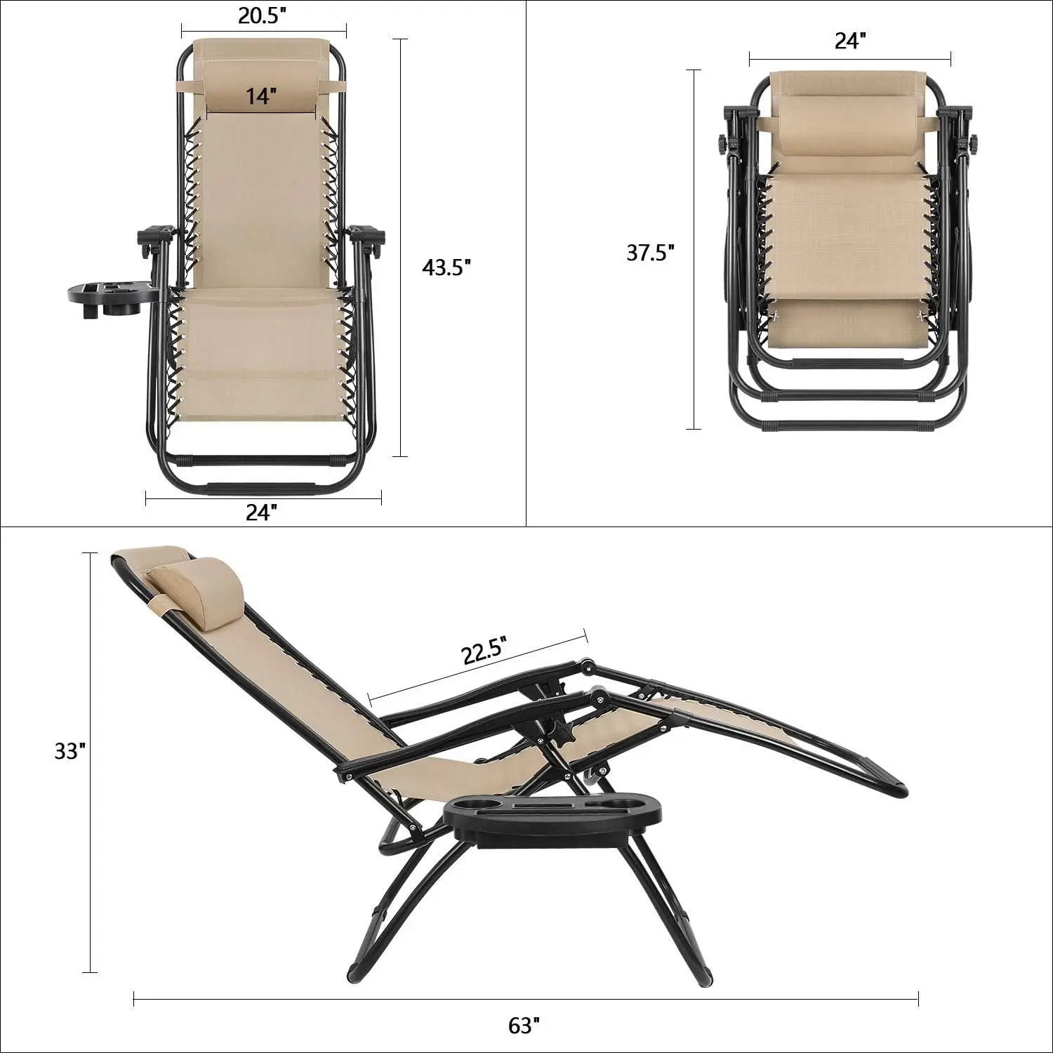 Pátio Zero Gravidade Dobrável Cadeira Reclinável ao ar livre Cadeiras Dobráveis, Lado da Piscina Usando Lawn Lounge Chair com Travesseiro, Conjunto de 2