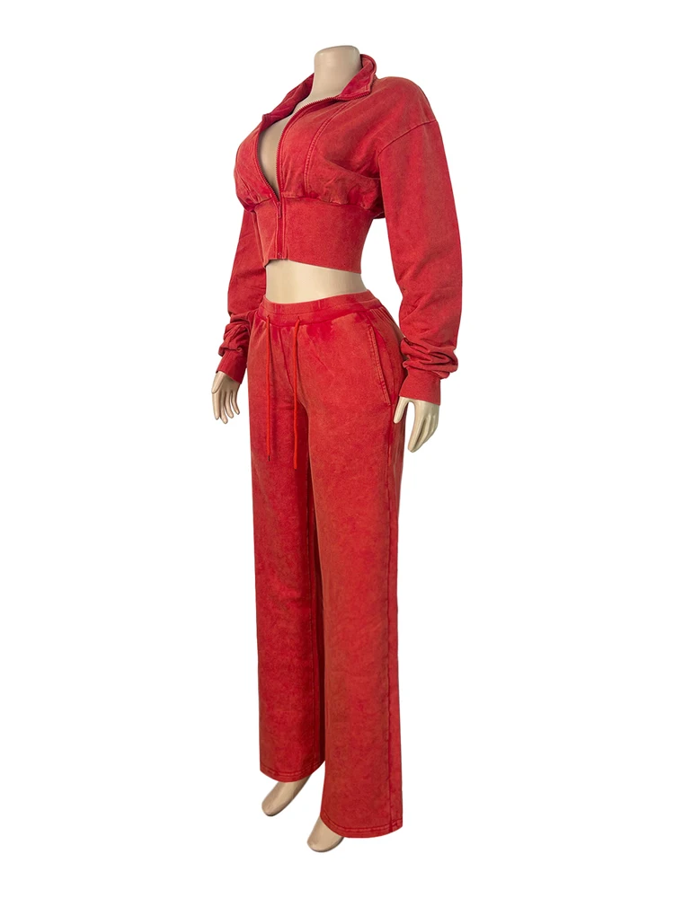 JENYAGE Damen 2-teiliges Vintage-Outfit, Stretch-Crop-Top mit Reißverschluss vorne, elastische Hose mit Kordelzug und weitem Bein, lässiges Loungewear-Set – Detail 9