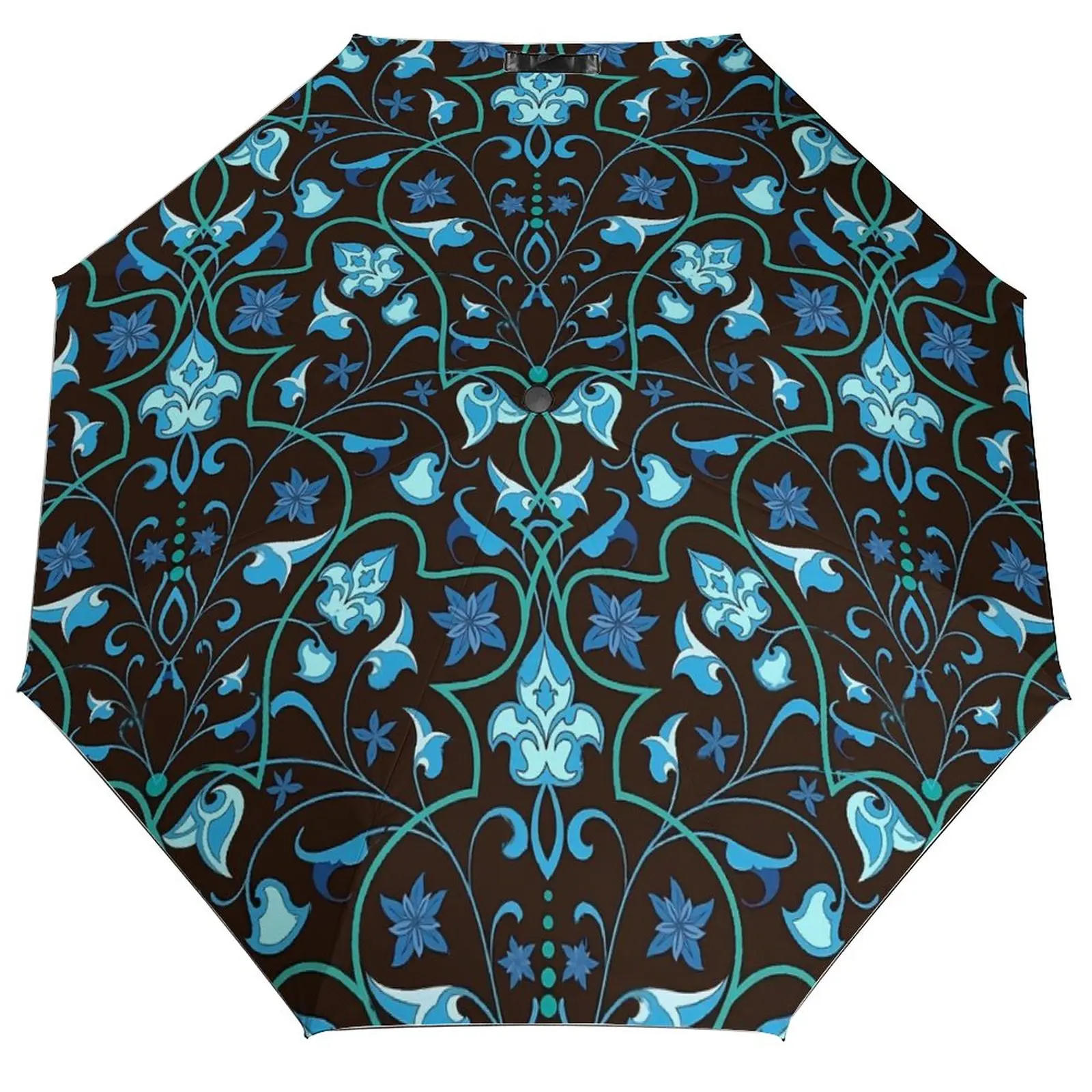 Blue Baroque Umbrella Retro Floral Anti UV Beach Umbrella Cute Automatic Print Folding Umbrella