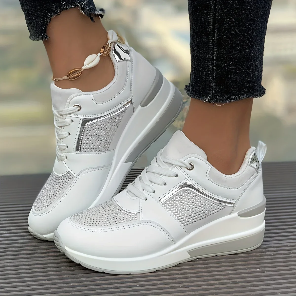 

2025 Rhinestone Women's Casual Shoes Street Fashion Womens Sneakers Lace-up Comfortable Women Platform Shoes Zapatillas De Mujer