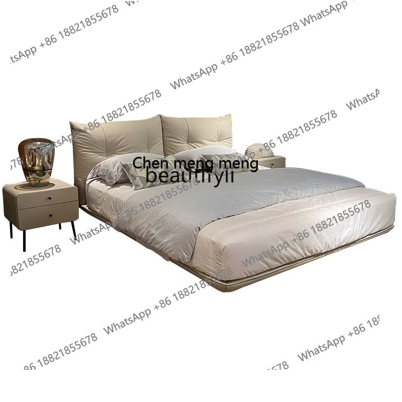 Leather Double Bed Marriage Bed Bed in Master Bedroom First Layer Cowhide Simple Italian Suspension