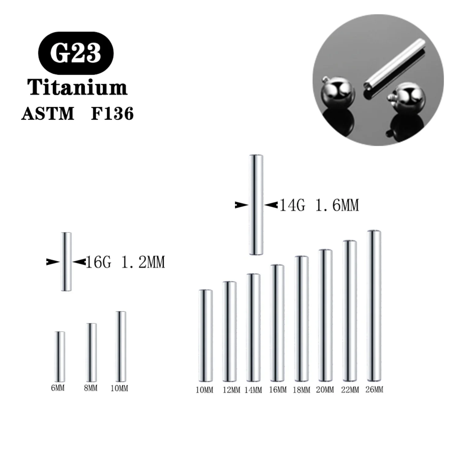 10PCS ASTM F136 Implant Grade Titanium 14G 16G Internally Threaded Barbell Shaft Jewelry Accessories