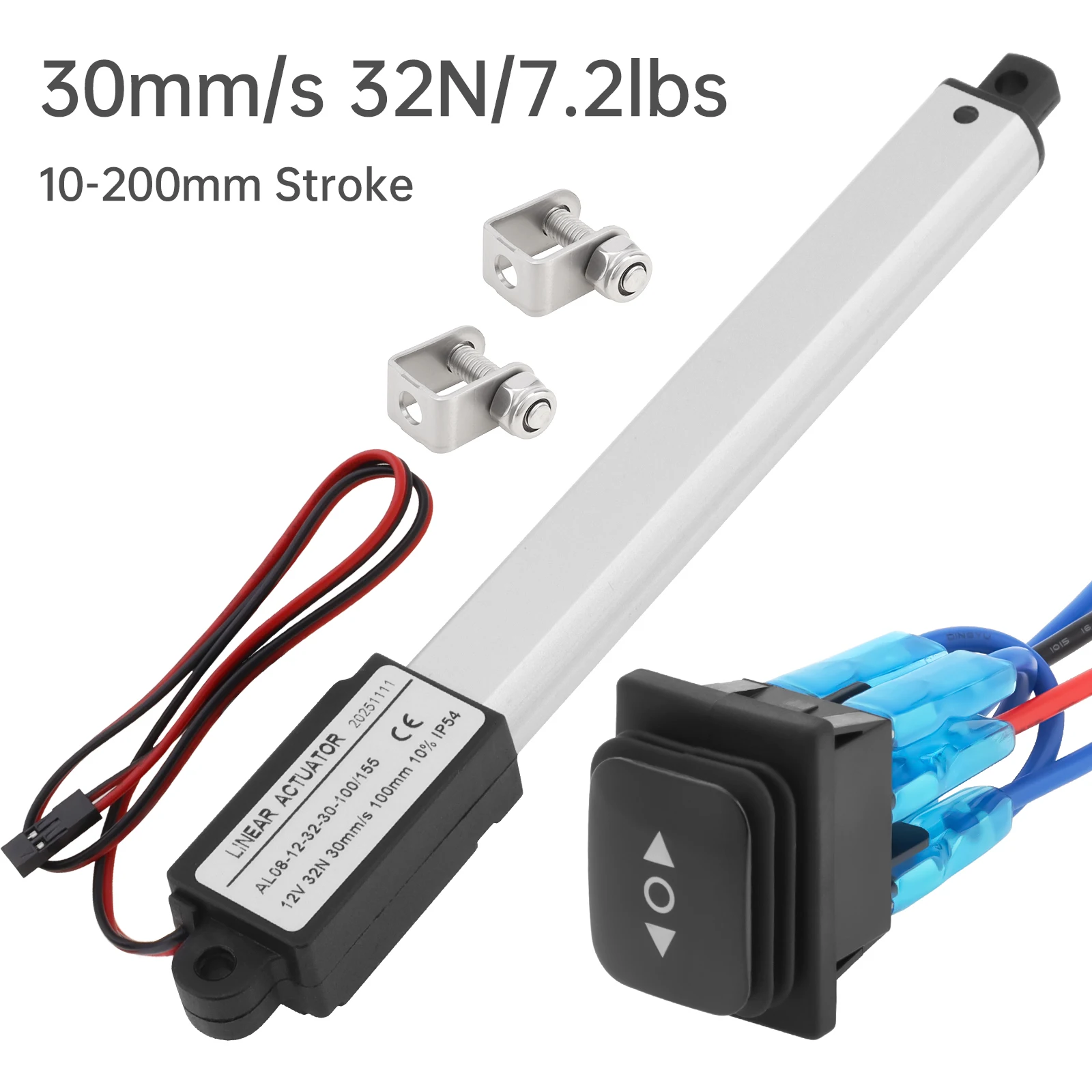 Linear Actuator 12V 10-200mm Stroke 30mm/s High Speed Micro Electric Linear Motion Actuator Motor with Waterproof Switch,Bracket