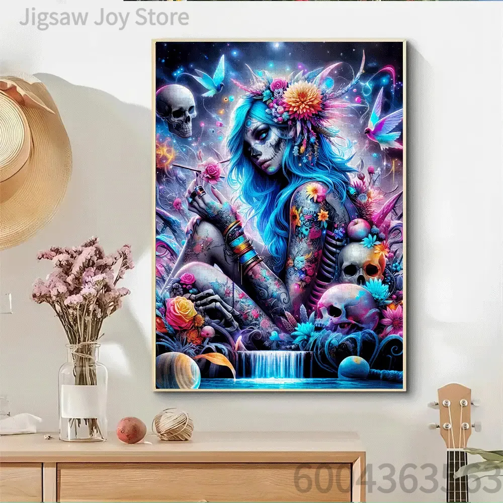 Gothic Fantasy Paper Jigsaw Puzzle, Witch Crow Sugar Skull Colorful Town Cute Black Cats, 500-2000P Adult Art Puzzle Gift
