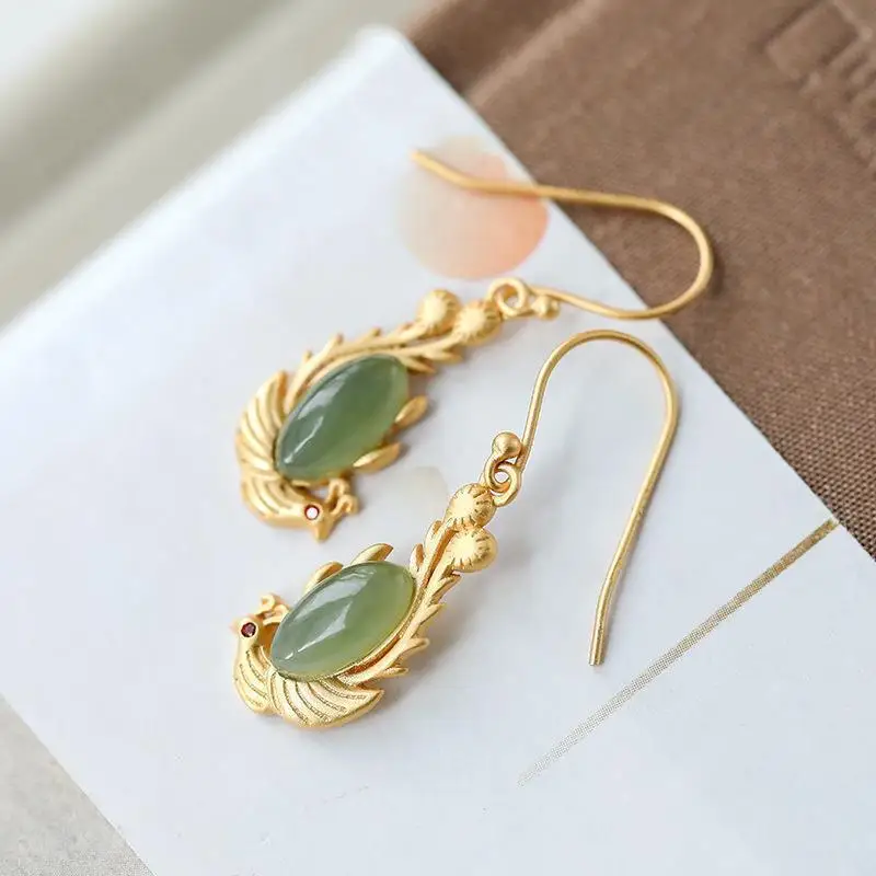 Inspired Chinese Style Ancient Gold Craft Natural Hetian Jasper Earings for Women Classic Phoenix Eardrop Wedding Jewelry gift