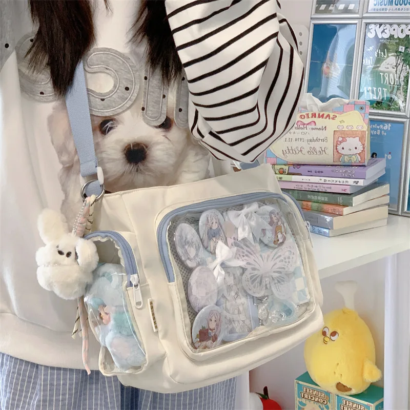 Kawaii Ita Crossbody Bag with Clear Window Anime Badge Display Shoulder Purse Cute Canvas Pin Collection Bag for Girls Cosplay