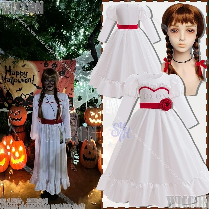 

Doll Styles White Dress children's Suit Red Flower Lace Kawaii Lolita Wig Halloween Party Cosplay Horror Movie Carnival Outfit