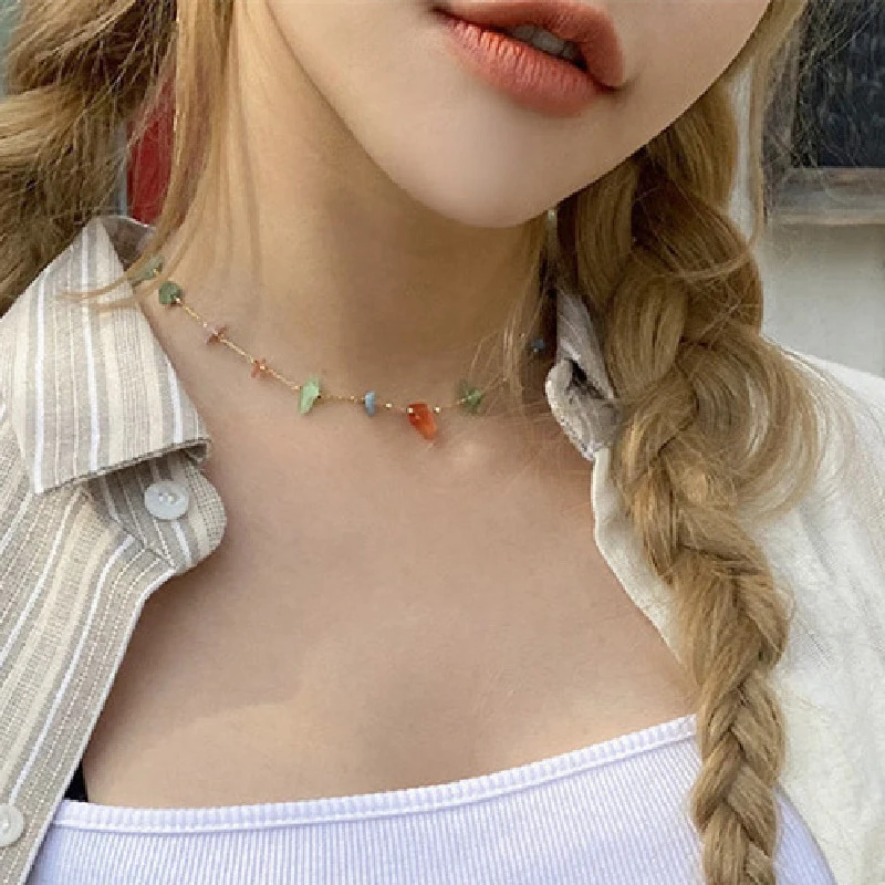 Sweet Coloorful Natural Beads Choker Necklace For Women Girls Simple Clavicle Chain Necklace New Jewelry Gift