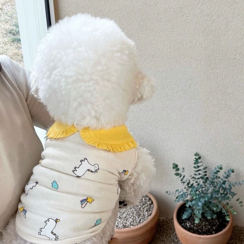 

Teddy Summer T-shirt Pet Lace Collar Vest Bichon Pomeranian Cartoon Print Two-legged Clothes Yorkshire Casual Clothes