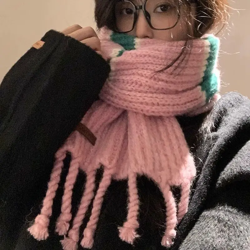 Winter Warm Knitted Scarf Women's Striped Color Simple Casual Commuting Preppy Style Couple Japanese Korean Fashion Scarf Shawl