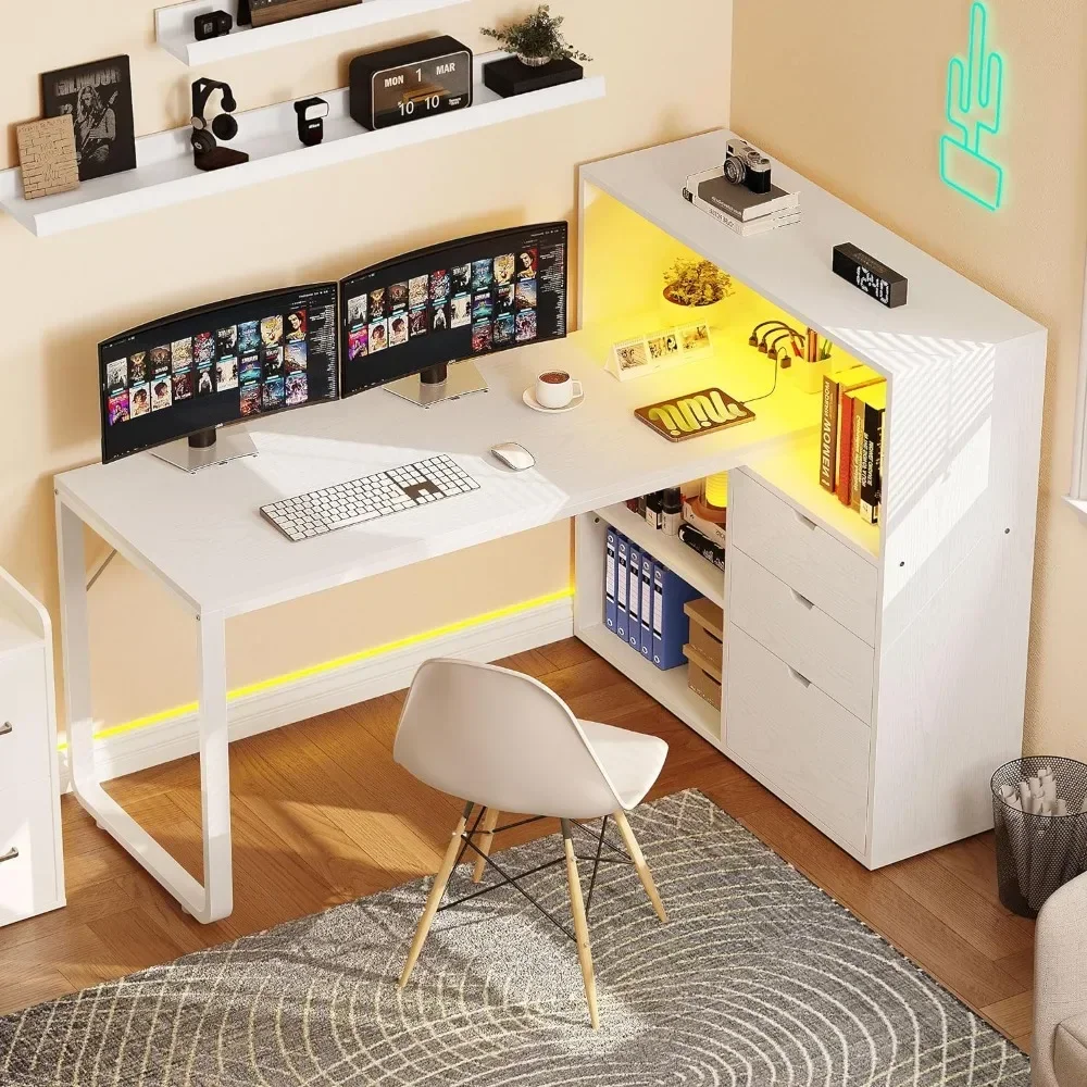 

L-shaped table and filing cabinet with power socket and LED lights, 55" large computer desk corner table, 3 storage shelves