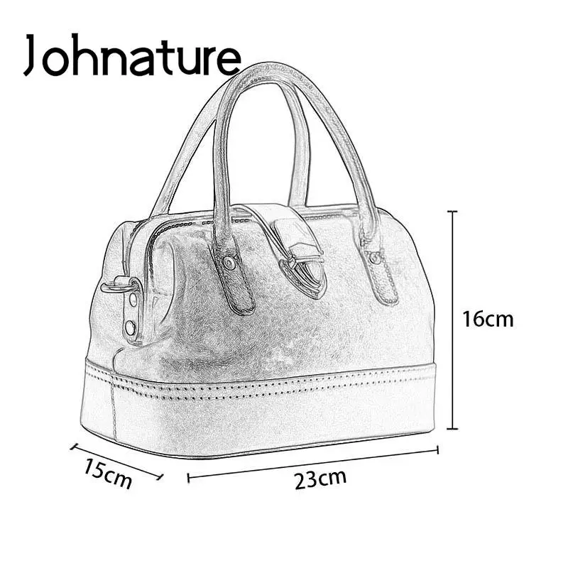 Johnature Vintage Doctor Bag Genuine Leather Large Capacity Commuter Women Shoulder Bags Real Cowhide Color Contrast Handbag