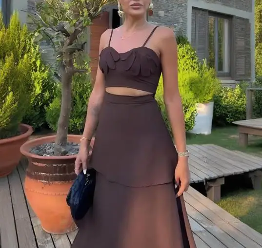 

Two Piece Set Women Outfit 2025 Spring New Solid Color Sleeveless Backless Crop Camisole Top & High Waist Layered Long Skirt Set