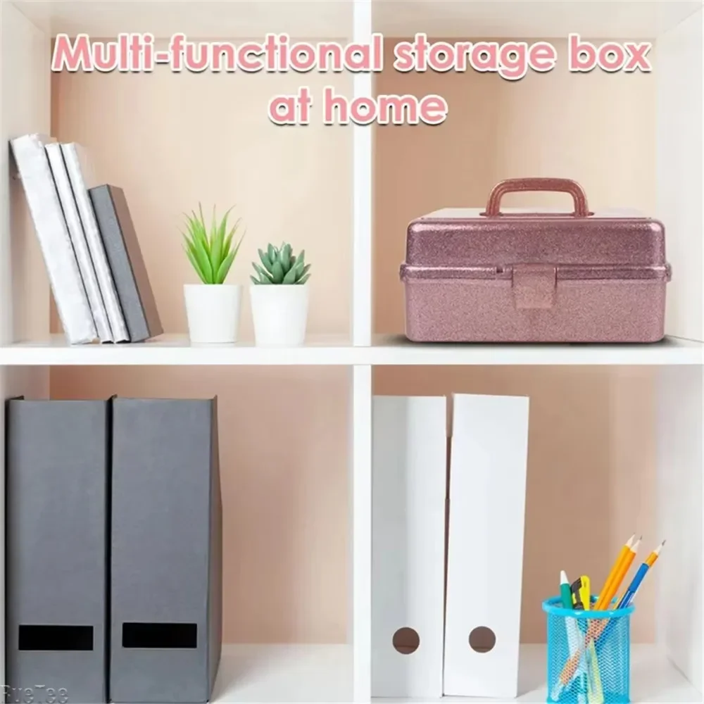 Glitter Pink & Craft Tool Storage Box 3-Layer Stackable Carry Tackle Beauty Cosmetics Hand-held Sewing Case Organizer for Art