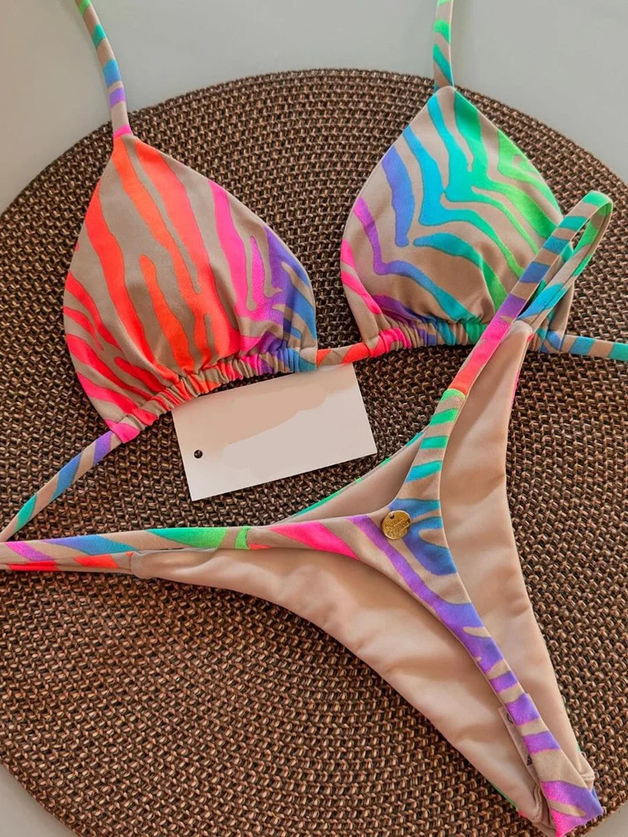 

Sexy Bikinis 2026 Thong Swimsuit Women Swimwear Push Up Brazilian Bikini Set Print Biquini Stripe Beachwear Female