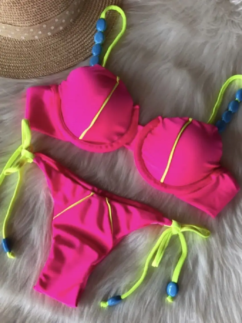 Conjunto de Bikini con Push-Up para mujer, traje de baño amarillo, microbañador de estilo vendaje, ropa de playa de dos piezas, 2023