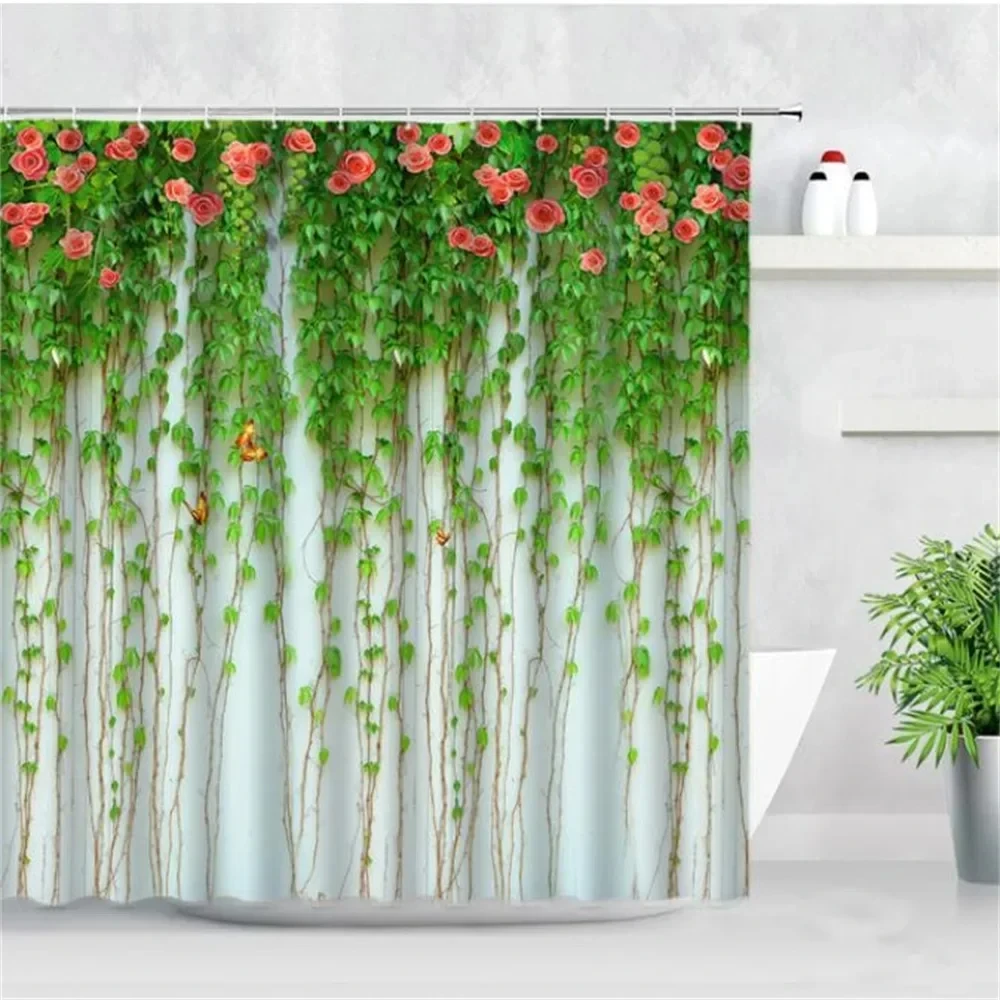 Butterfly Flower Shower Curtain Purple Floral Lavender Vine Watercolor Leaves Plant Bath Curtains Print Cloth Bathroom Decor Set