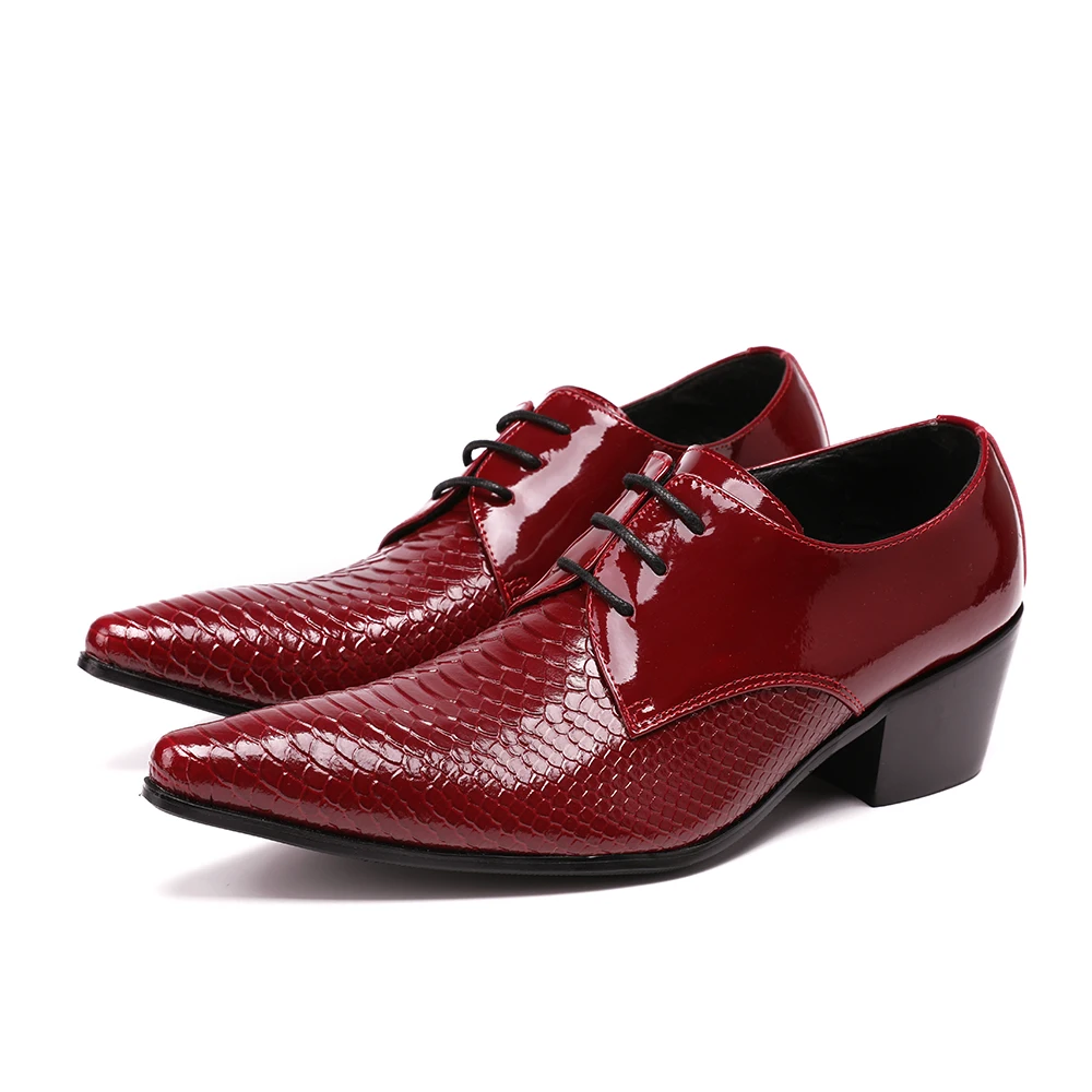 Fashion Red Lacquer Leather Mid Heel Men Formal Shoes Wedding Party Dress Shoes Big Size Lace Up Pointed Toe Male Business Shoes