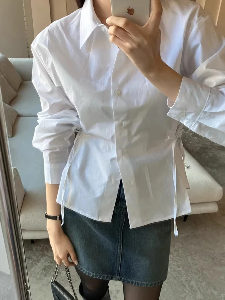 Slim Fit Long Sve irt Women's Chic Autumn Vintage Versatile Turn-down Collar Single Button Design Waist-cinching Slimming
